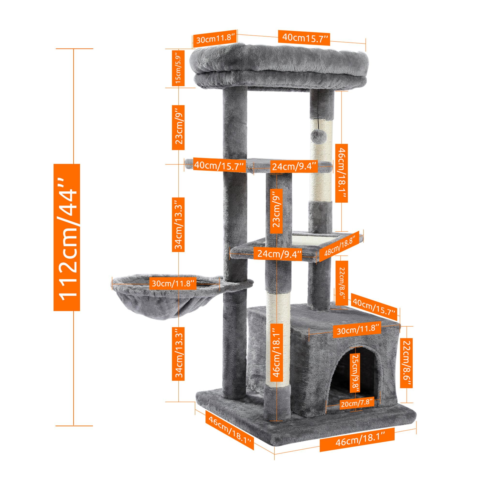 resenkos 44" Cat Tree Tower for Indoor Cats, Cat Condo Dangling Ball Cat Furniture Activity Center Play House, Gray