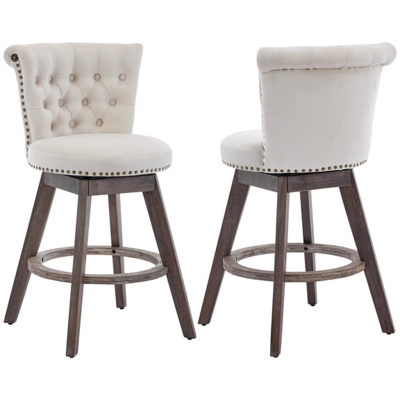 PAPROOS Velvet Bar Stools Set of 2, 26" Swivel Counter Height Bar Stool with Back and Tufted Button, Trimmed Edges, Modern Upholstered Kitchen Island Counter Height Chair with Wood Legs, Beige