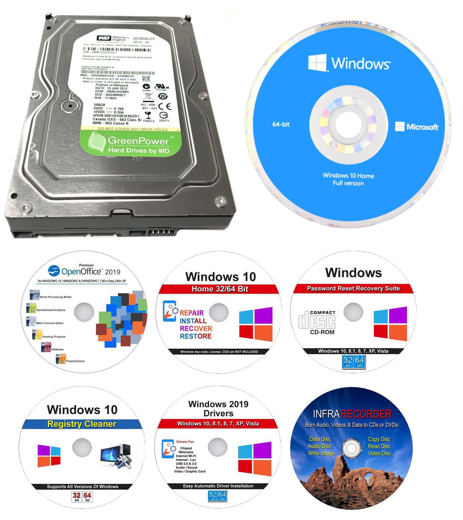 8 in 1 Bundle, OEM Windows 10 Home 64 bit DVD, Refurbished Western Digital WD5000AVDS 500GB 5400RPM 32MB Cache SATA 3.0Gb/s 3.5&rdquo; Internal HD, Open Office 2019, Password Reset &amp; More Software