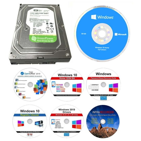 8 in 1 Bundle, OEM Windows 10 Home 64 bit DVD, Refurbished Western Digital WD5000AVDS 500GB 5400RPM 32MB Cache SATA 3.0Gb/s 3.5” Internal HD, Open Office 2019, Password Reset & More (Best Windows Password Recovery)