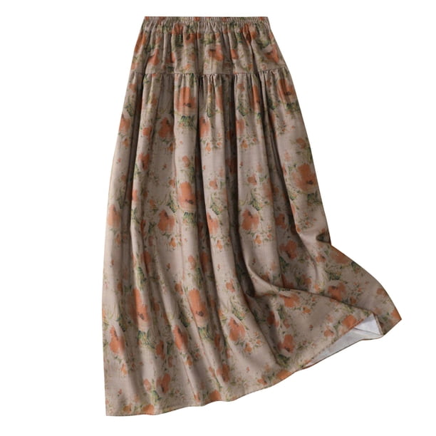 Gibobby faldas para mujer Impresión retro de moda casual para mujer en la falda larga con cordón de una línea(Caqui, XXL)