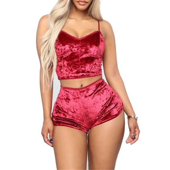 Aunavey Women's Velvet 2 Piece Outfit Spaghetti Strap Sleeveless Crop Top Shorts Set