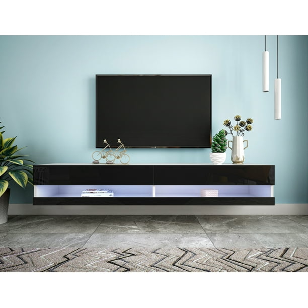 Wall Mounted Floating Stand Modern 80 Universal Led Tv Cabinet With 12 Color High Gloss Table Entertainment Center Media Console For Living Room Black Com 80 Universal Led Tv Cabinet Stand, Flat Screen Tv Cabinets With Doors Wall Mountain