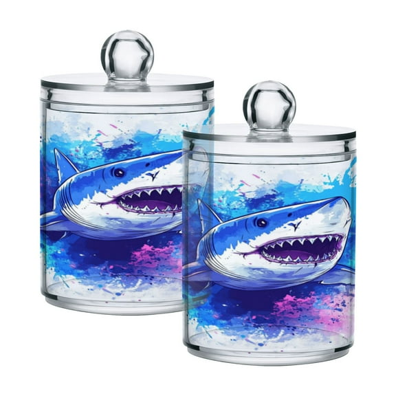 2 Pack Bathroom Canisters Transparent Storage Jar for Cotton Ball, Swab, Floss Angry Shark