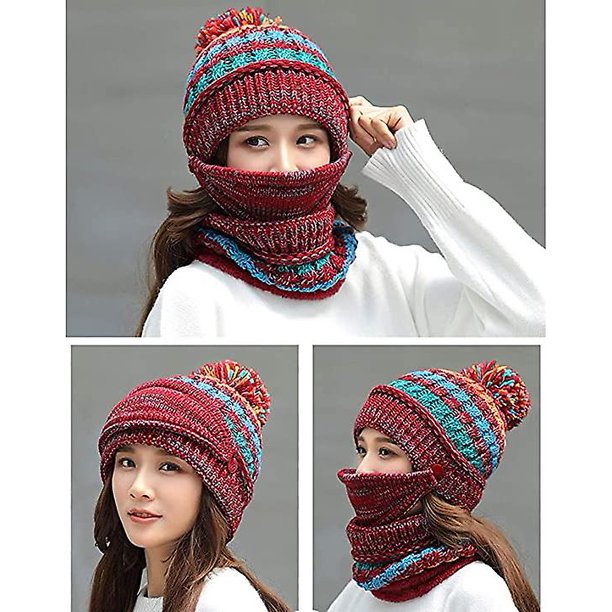 Gorros de invierno con forro polar Taian para mujer, gorro de punto, bufanda, conjunto de máscara, gorro de calavera holgado suave y cálido con Pom Pomwine