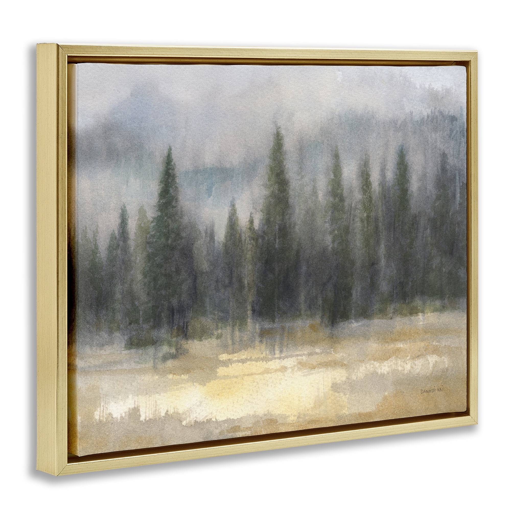 Abstract Blurred Pine Tree Forest Landscape Gold Floating Frame Canvas Art, 21 x 17, Made In