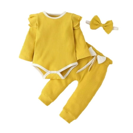 Vividxx Toddler Girl Clothes Sets Girls Ribbed Long Sleeve Pants Set With Bow Tie Cute Outfits 3 Piece Toddler Clothes Soft Comfortable Casual Wear 6-12 Months