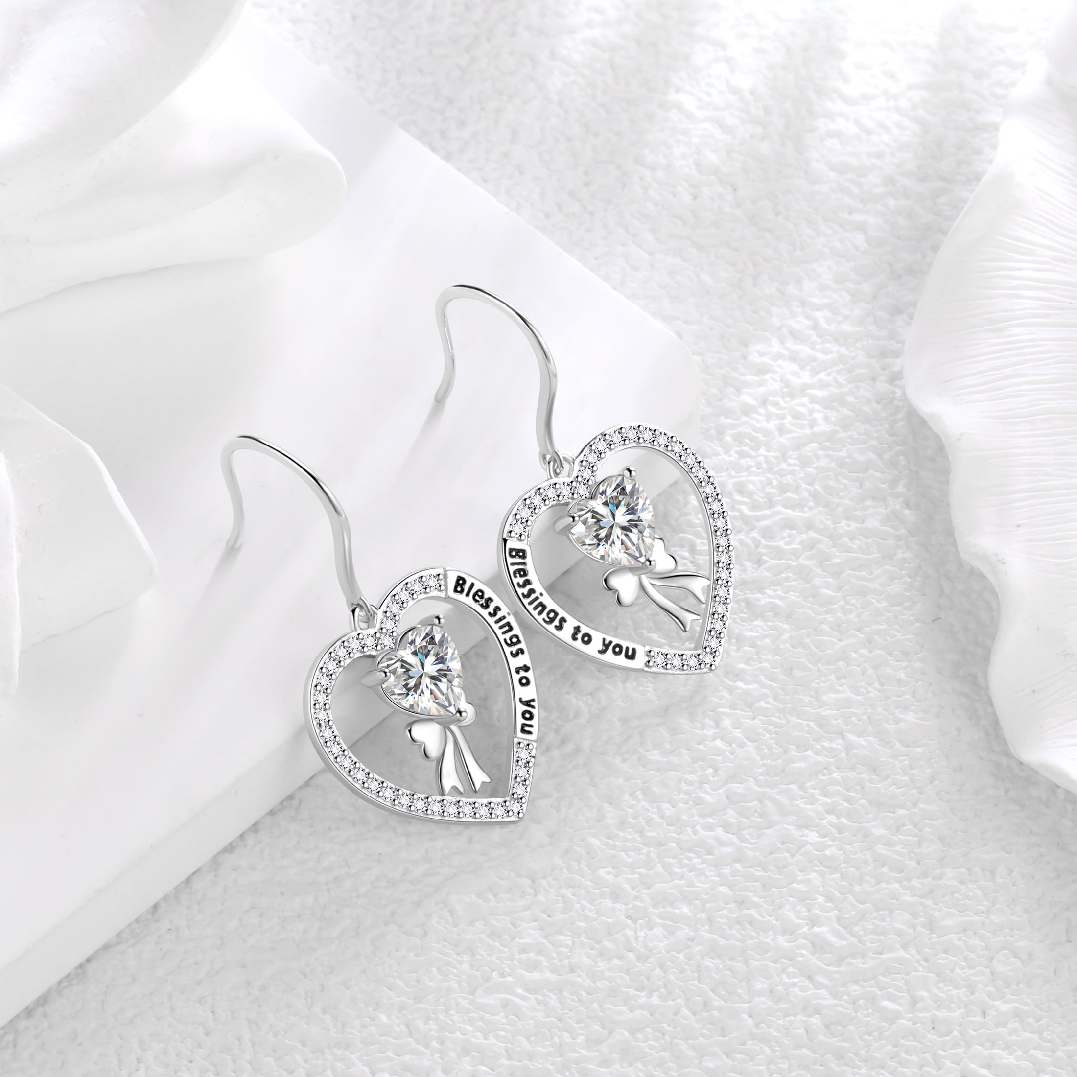 Fasjewly 925 Sterling Silver Heart Birthstone Hook Earrings, Bow Knot Crystal Dangle Christmas Birthday Anniversary Jewelry Gift for Women Mom