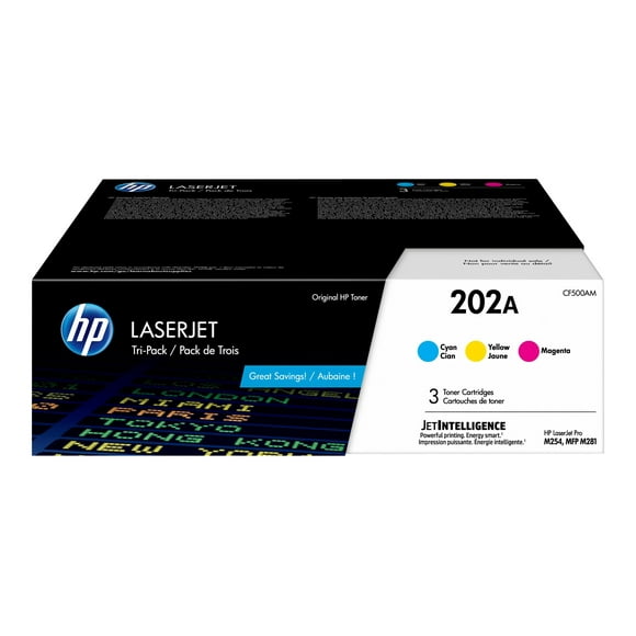 HP 202A - paquet de 3 - jaune, cyan, magenta - original - LaserJet - cartouche de toner (CF500AM) - pour Color LaserJet Pro M254dw, M254nw, MFP M280nw, MFP M281cdw, MFP M281fdn, MFP M281fdw