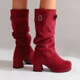 thumbnail image 3 of Womens Platform Boots Casual Suede Slouchy Pull on Mid Calf Winter Booties Block Heel Buckle Strap Dress Long Boots Red Size 5.5, 3 of 6