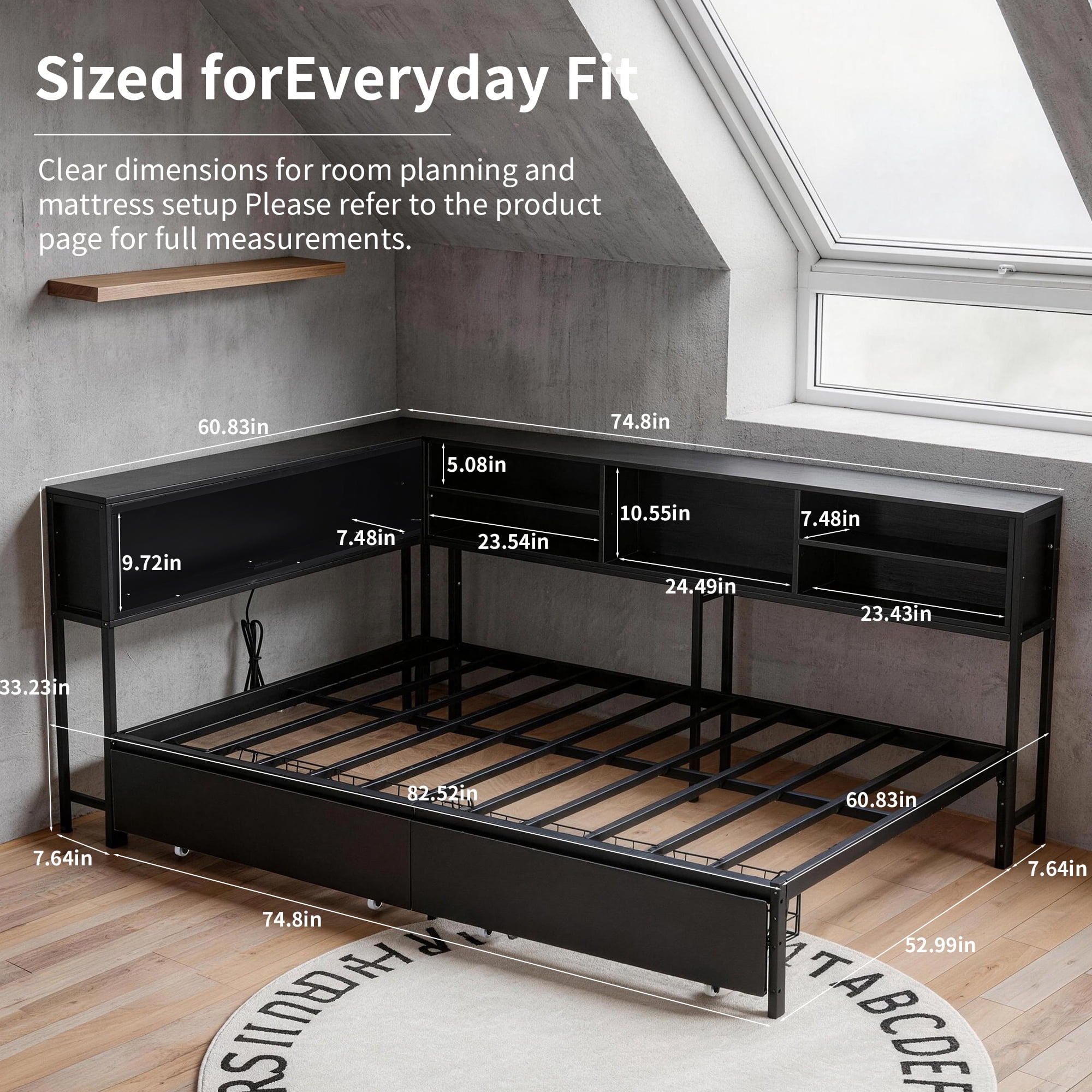 Miniyam Full Daybed with 2 Storage Drawers, LED Lights & Charging Station, Black