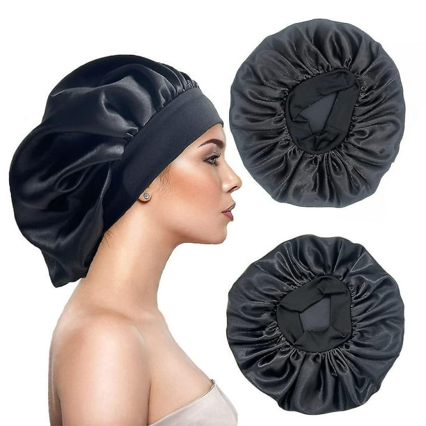 2 capó grande de seda satinada para dormir, gorros elásticos de banda ancha para trenzas de mujeres negras, gorros de seda para dormir nocturno para mujeres rizadas y Na