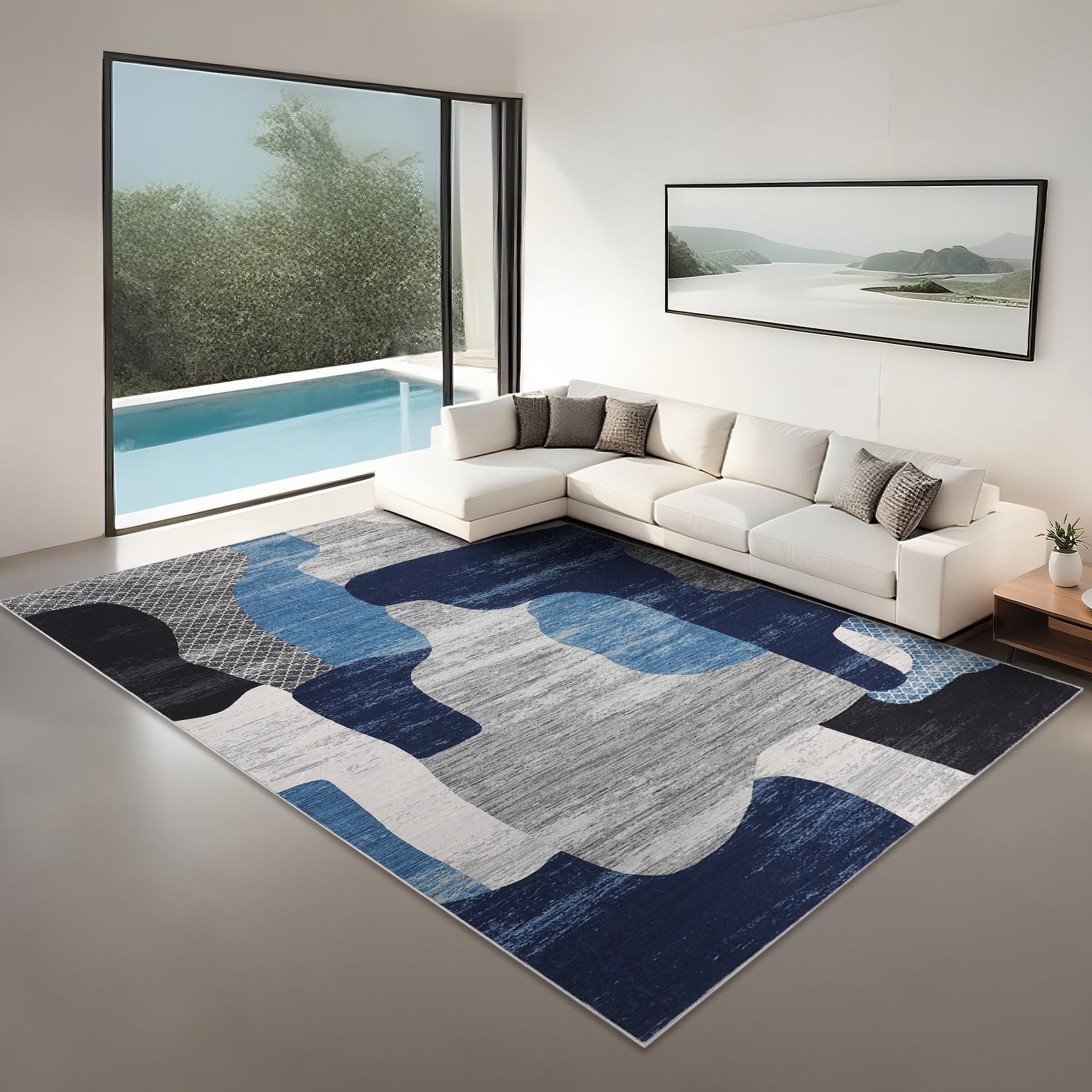 Hasoo Washable Living Room Area Rug 5x7 Large Modern Abstract Non-Slip Soft Low Pile Indoor Blue Carpet