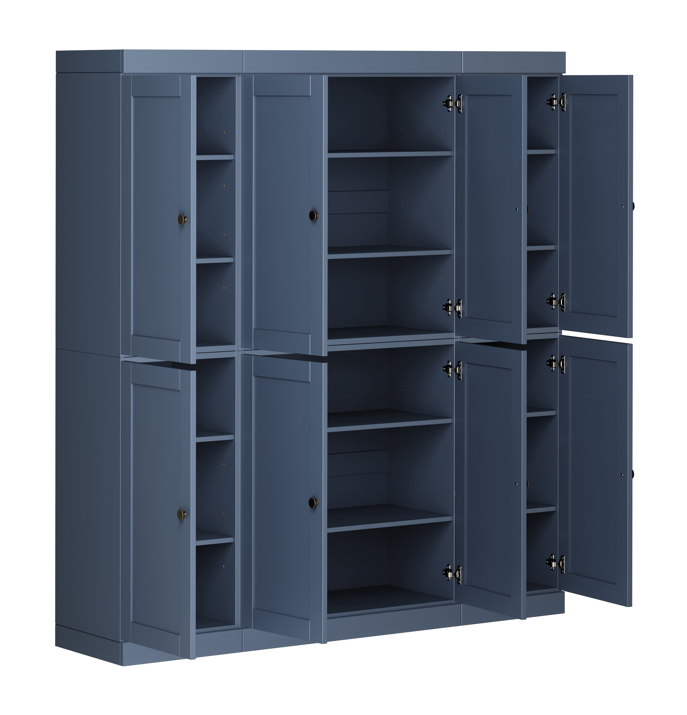 100% Solid Wood Kitchen Pantry Storage Cabinet with Shaker Doors and Adjustable Shelves, Free-standing Antique Blue Wooden Modular Tall Cabinets