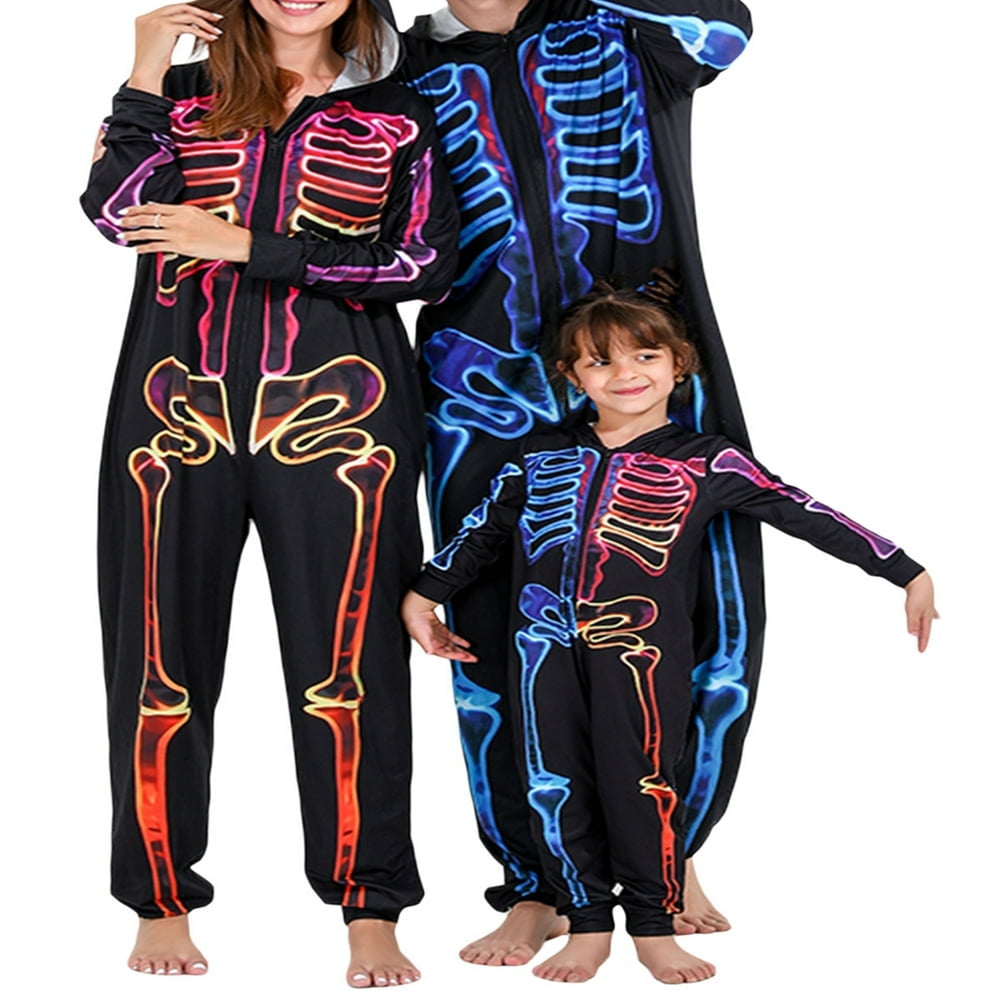 Famille Correspondant Pyjama Halloween 3D Fluorescent Skeleton Combinaison une Piece Capuche Zip jusqu a Vetements de Nuit pour Femmes Hommes Enfants Walmart