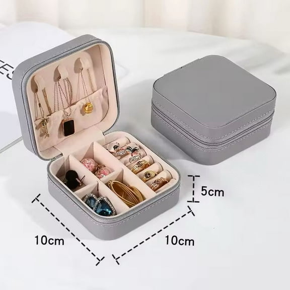 Leather Portable Jewelry Box With Zipper Lock Double-layered Organizer | Mini Jewelry Box for Earrings, Necklaces, Rings, Bracelets | Gray