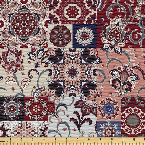 Ambesonne Ethnic Fabric by the Yard Upholstery, Oriental Boho Flower Pattern, 1 Yard, Burgundy Eggshell Indigo
