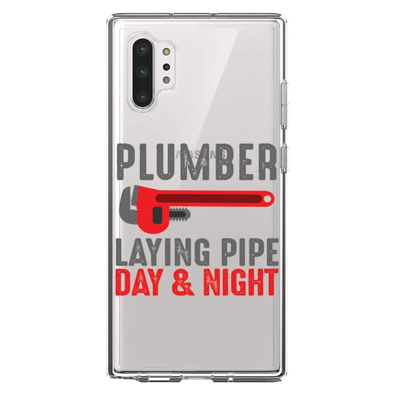 DistinctInk Clear Shockproof Hybrid Case for Galaxy Note 10 PLUS (6.8" Screen) - TPU Bumper Acrylic Back Tempered Glass Screen Protector - Plumber - Laying Pipe Day & Night