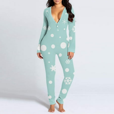 

HAXMNOU Jumpsuits For Women Button Back Flap Jumpsuit V Neck Long Sleeve Romper Pajamas Christmas Print Collection Sleepwear Green M