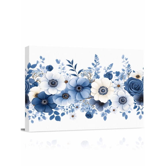 White Blue Floral Wall Art for Living Room,Canvas Picture Wall Decor for Bathroom Bedroom,Elegant Leaves Spring Flowers Painting Artwork for Office Kitchen Hallway Dining Room Home Decor 16"x20"
