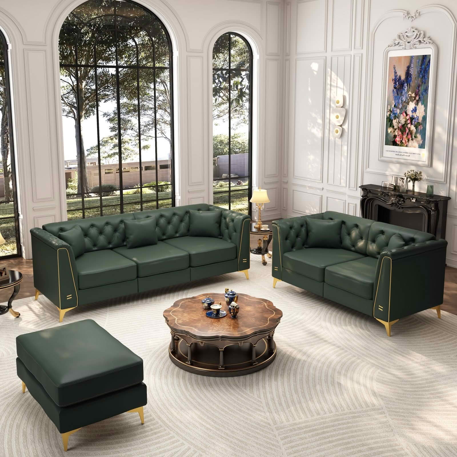 MAYEERTY Light Luxury Modular Chesterfield Sectional Sofa, Faux‑Leather Combination with Button Tufting, Metal‑Trim Armrest & Slim Metal Legs, 5 Pillows Included