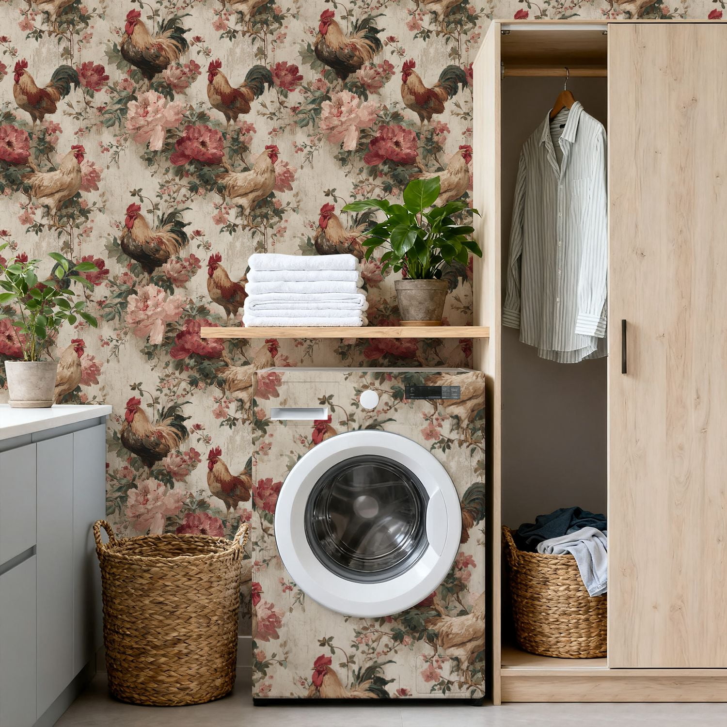Peel and Stick Wallpaper 17.7in x 9.8ft Vintage Rooster Floral Soft Rustic Country Farmhouse Contact Paper Vinyl Waterproof Self Adhesive Wall Paper for Bedroom Shelf Cabinet Renter Friendly