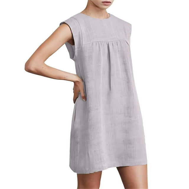 Dvprdro Robe d'Été en Coton et Lin pour Femmes Grande Taille Mode Col Rond Sans Manches Décontractée Ample Plage Soleil Mini Robe en Liquidation
