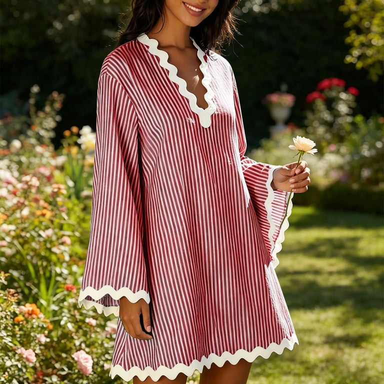 Zpzdpjkx Women's Summer Casual Striped Tunic Dress, V-Neck Long Sleeve Scalloped Beach Cover-Up