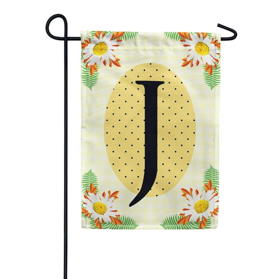 America Forever Spring Monogram Garden Flag Letter J 12.5 x 18 inches Double Sided Vertical Outdoor, Yard, Lawn, Beautiful Bright Summer Flowers, Daisies, White Flowers, Polka Dots Garden Flag