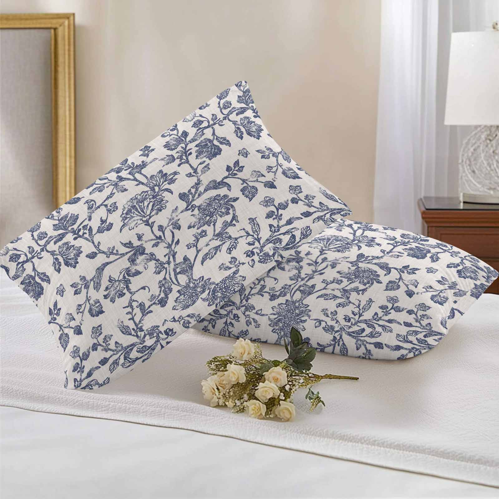 Blue Floral Leaf Waterproof Outdoor Throw Pillow Covers 12''x20'' Pack 2, Pillow Cases Throw Cushion Cover with Zipper, Retro Farmhouse Plant Tree Branch Washable Pillowcase for Poolside Sofa