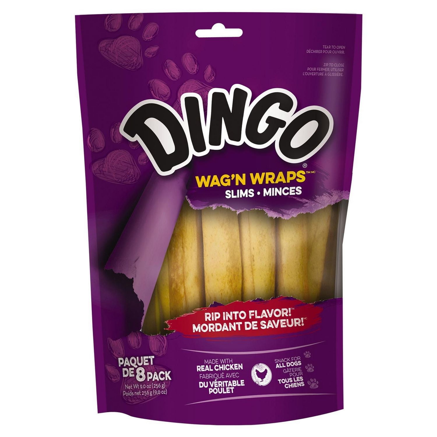 Dingo Wag'n Wraps Minces Gâterie pour Tous Les Chiens avec Poulet 8pk