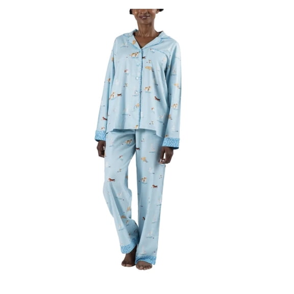 Munki Munki Women's Flannel Notch Collar Classic Pajama Set, All Dogs or Sassy Cat Styles (US, Alpha, Large, Regular, Regular, Blue (All Dogs Welcome))