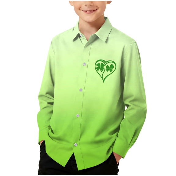 Boys St Patricks Day Shirt Long Sleeve Button Down - Green Ombre Shamrock Heart Print, Stretch Comfort Holiday & Everyday Wear, Kids to Teen Sizes 3-16,Size 7-8 T