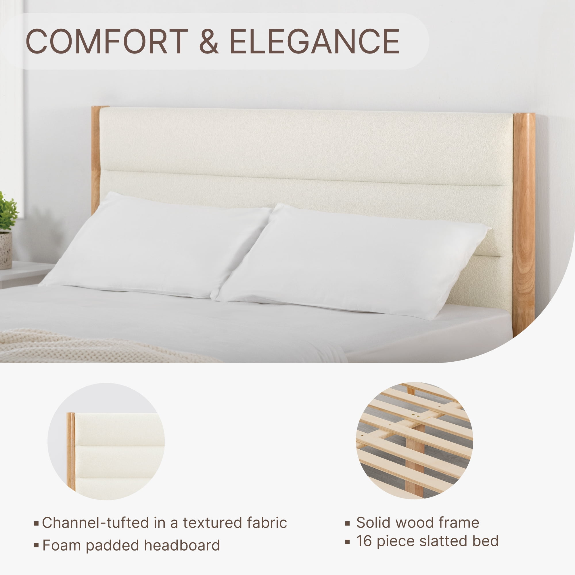 Spruce & Spring Farmhouse King Upholstered Bed Frame, Solid Rubberwood Frame, Cream Boucle Headboard, Noise-Free, No Box Spring Required, Walnut & Cream