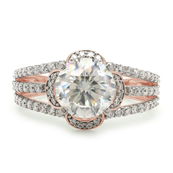 2 Carat Center 6.5MM Round Cut Lab Created Moissanite Diamond Halo Engagement Split Shank Promise Ring For Women 10K Solid Rose Gold (G-H Color, VVS1 Clarity, 2 Cttw)-4
