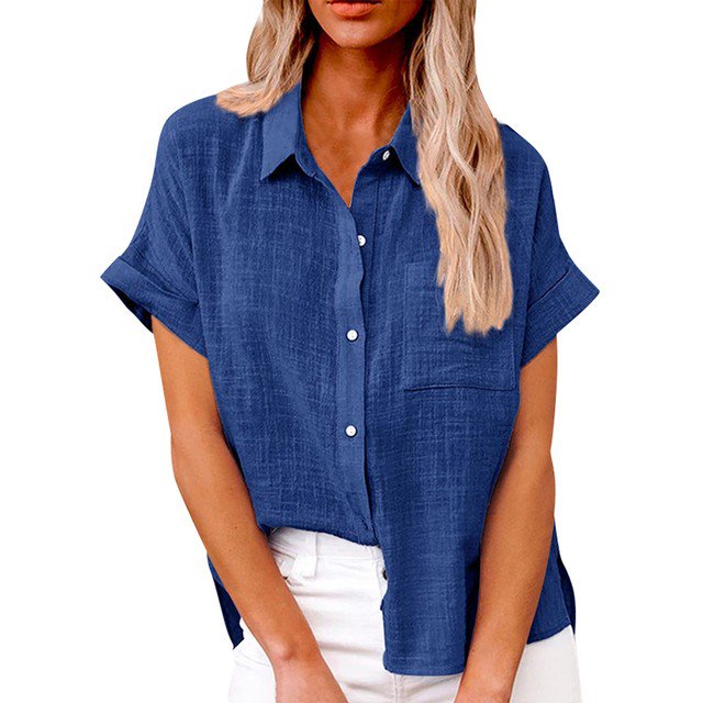 JUNWELL Chemise Simple et Mode pour Femmes Chemises Classiques Décontractées Coton Lin Manches Courtes Col à Revers Chemise Boutonnée Hauts Tempérament