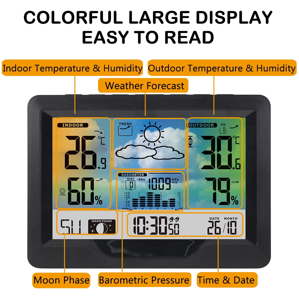 Wireless Weather Station Indoor  Color Screen Weather Forecast Station with  Sensor Digital Temperature and Humidity Gauge with Alarm Clock Moon Phase Backlight Sooze Mode