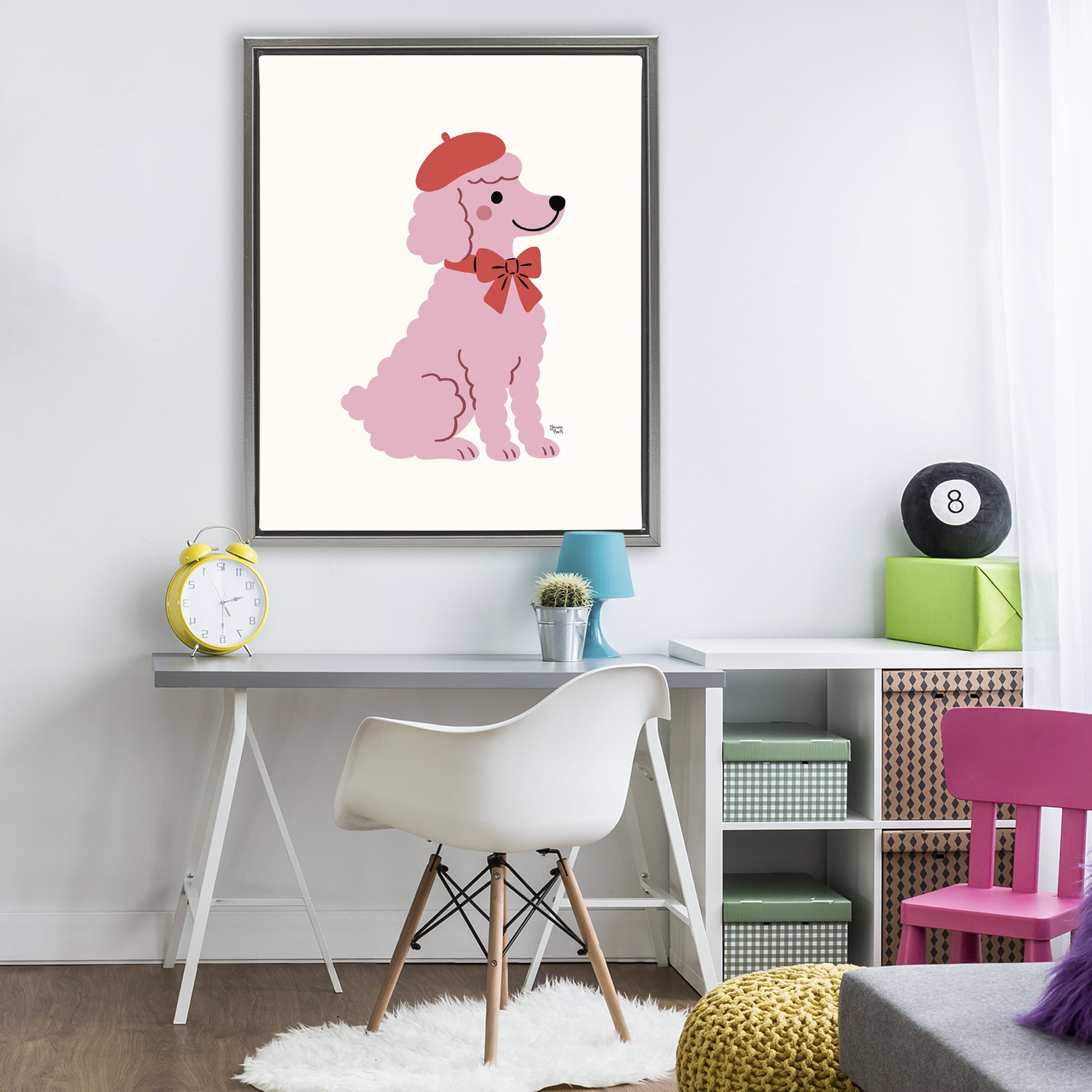French Poodle in Beret Gray Framed Floater Canvas Wall Art, design by Jessica Beck