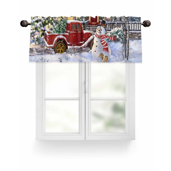 Farmhouse Christmas Kitchen Valances for Windows Snowman with Red Truck Tree Valance Curtains for Kitchen /Living Room/Bedroom/ Bathroom Decor, 54"x18 " ,Rod Pocket 1 Panel, White Winter