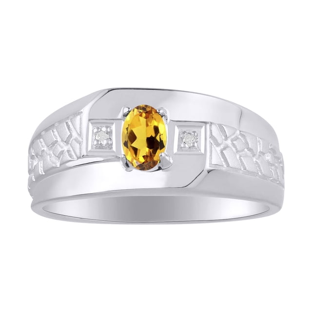 RYLOS Men's Rings 14K White Gold Classic Nugget 6X4MM Oval Gemstone & Diamond Ring Citrine November Birthstone Rings Size 11