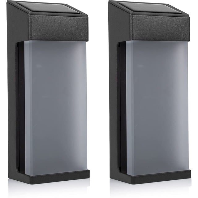 Apliques de pared LED solares con carcasa de aluminio, luz blanca cálida, 10 lm, paquete de 2 para uso en exteriores