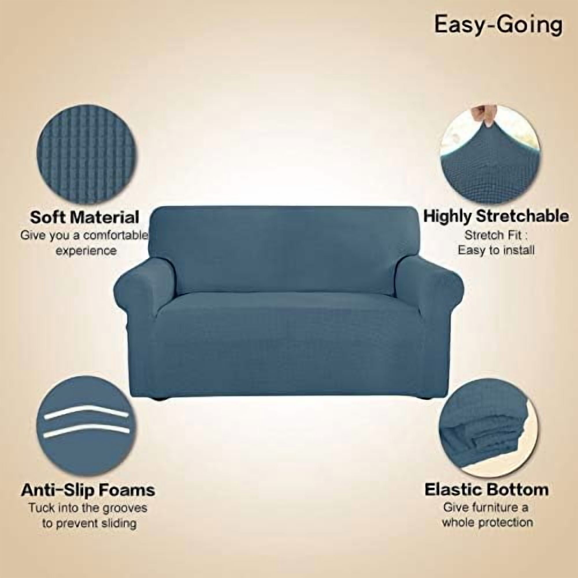 Stretch Oversized Sofa Slipcover 1-Piece Sofa Cover Furniture Protector Couch Soft with Elastic Bottom for Kids, Polyester Spandex Jacquard Fabric Small Checks Bluestone