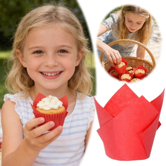 50Pcs Tulip Cupcake Liners Paper Baking Cups Greaseproof Muffin Liners Grease Resistant Cupcake Wrappers For Weddings Birthday Cake Balls Muffins Candy Jelly Party(Red) Home Decor