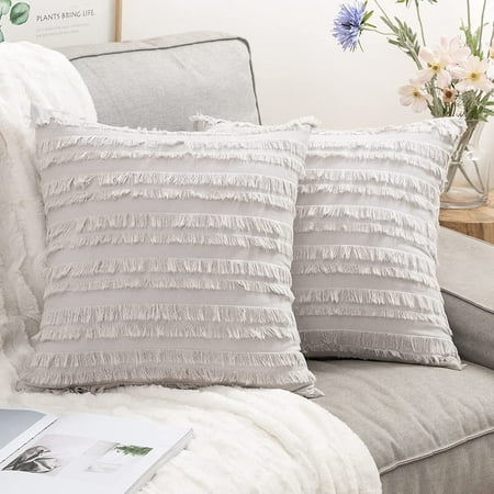 

MIULEE Set of 2 Decorative Boho Throw Pillow Covers Linen Striped Jacquard Pattern Cushion Covers for Decor Sofa Couch Living Room Bedroom 16x16 Inch Greyish White