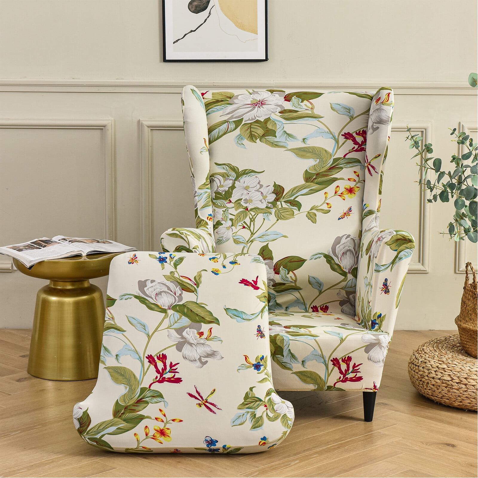 TOPCHANCES 2-Piece Wingback Chair Cover, Stretch Armchair Slipcover Wing Chair Sofa Covers, Beige Floral