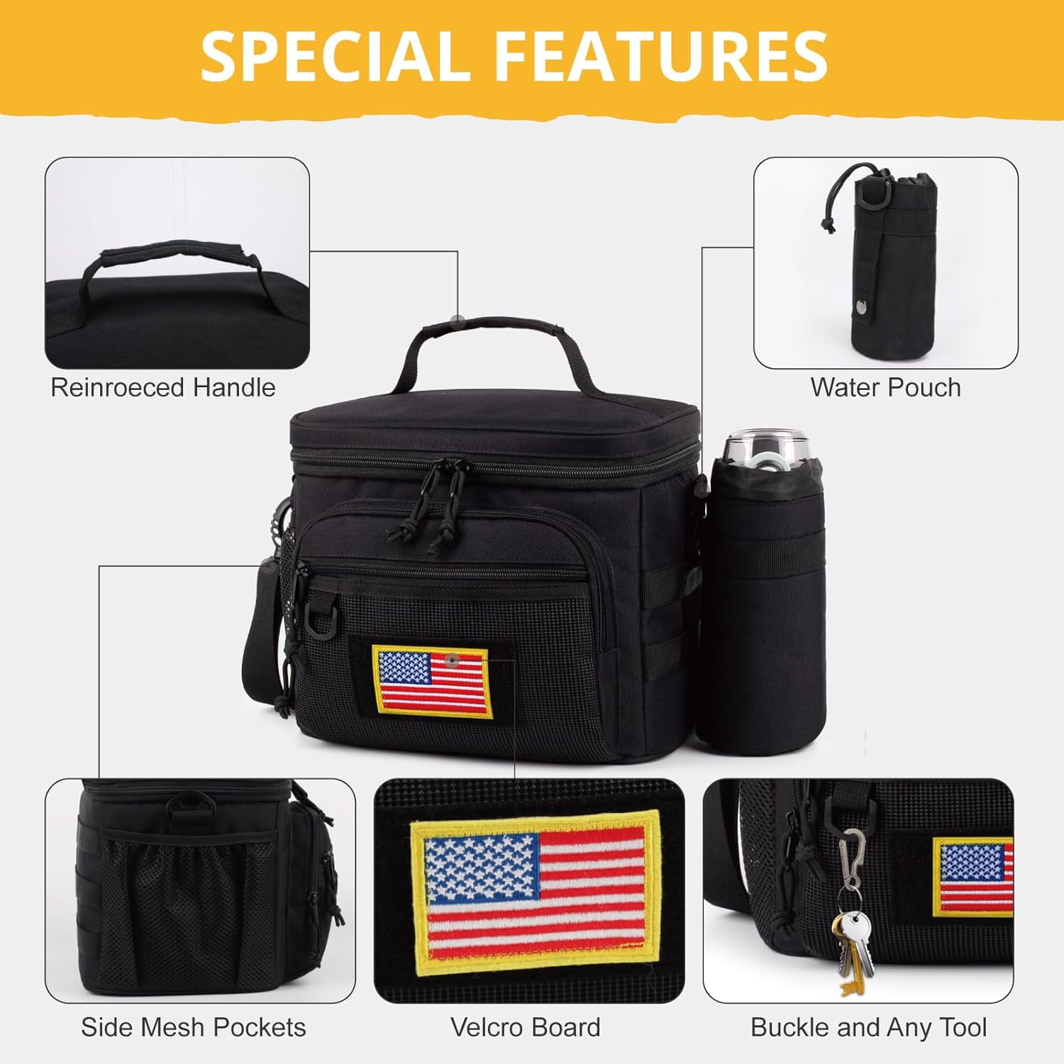 Reusable Lunch Bag for Men/Women - Insulated Lunch Box Leakproof Lunch Pail Freezable with Adjustable Shoulder Strap,Lunch Cooler Bag Picnic Bagremovable water bottle bag，Black