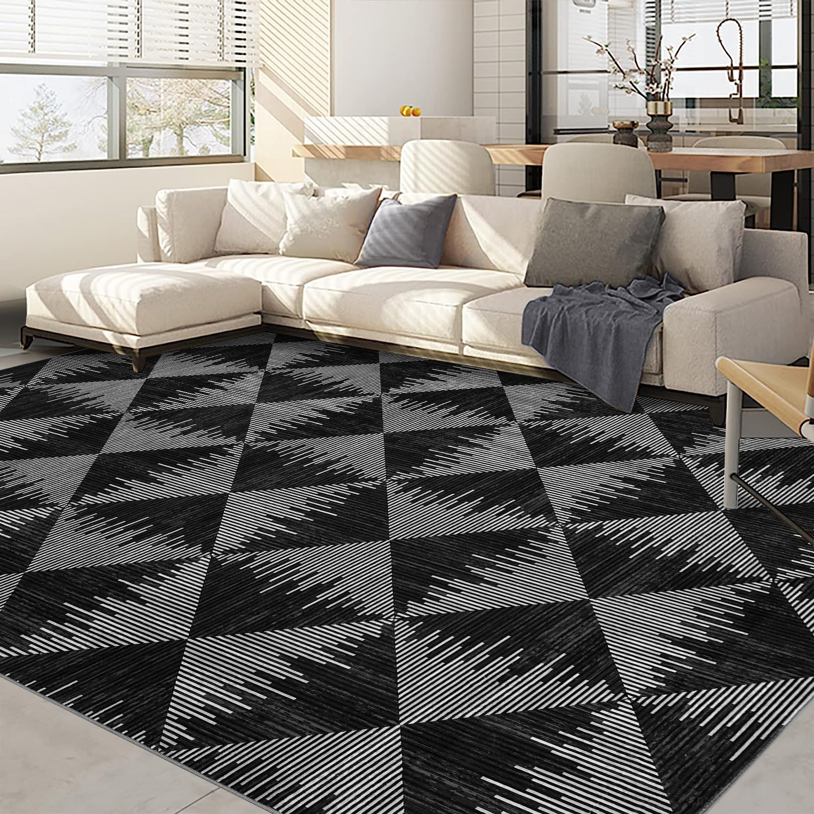 10x13 Washable Area Rugs for Living Room Non Slip Low Pile Modern Geometric Farmhouse Dining Room Carpets for Bedroom Dorm Black