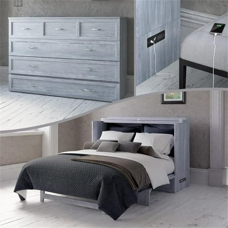 Bowery Hill Queen Solid Wood Modern Murphy Bed Chest with Mattress in Driftwood