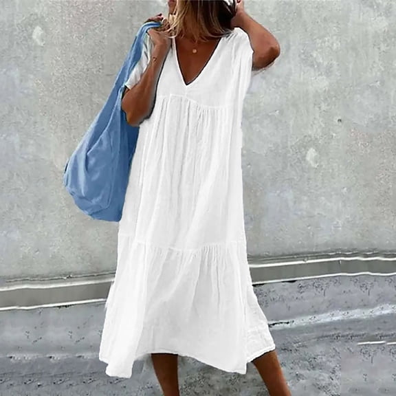 Plus Size Dresses for Curvy Women Casual Solid Color Short Sleeve V Neck Dress Stitching Loose Womens Casual Dresses White L