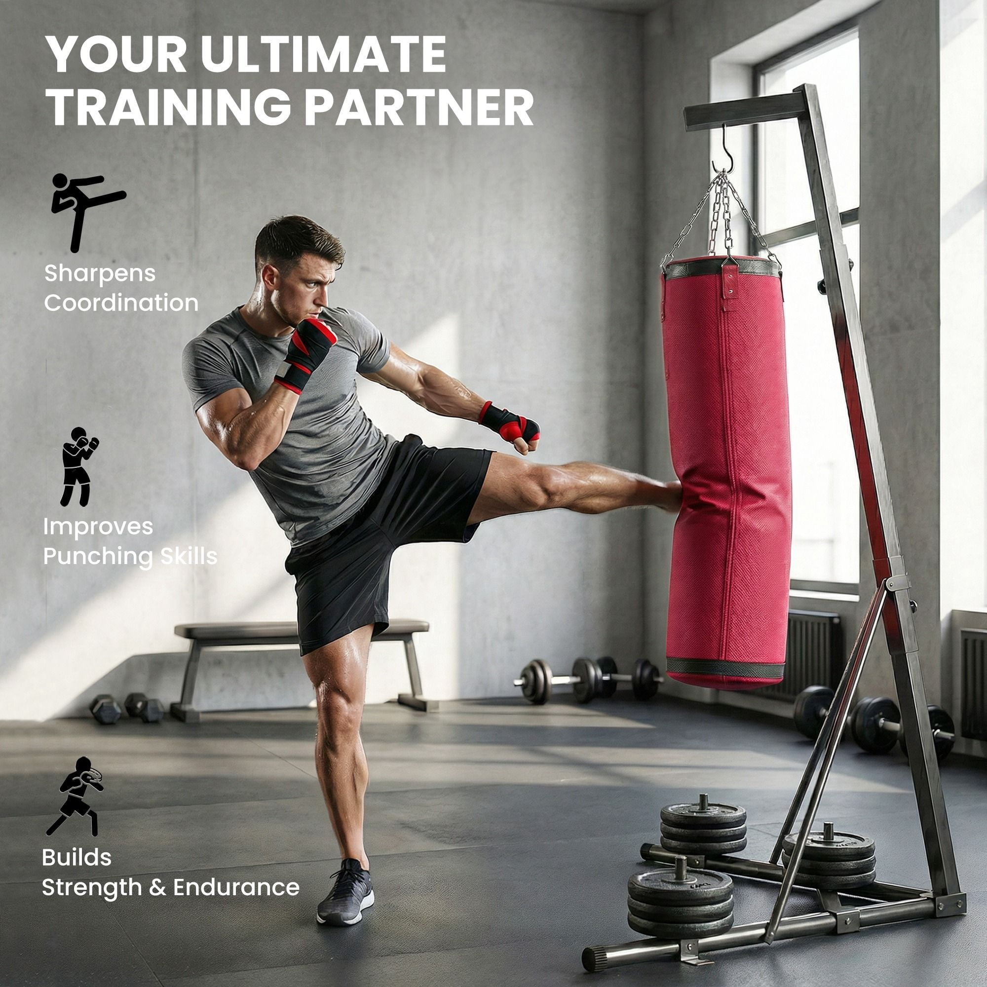 Dranite Speed Bag & Stand Combo, 72.8"-90.9" Adjustable Freestanding Punching Bag Set with Canvas Heavy Bag, Red